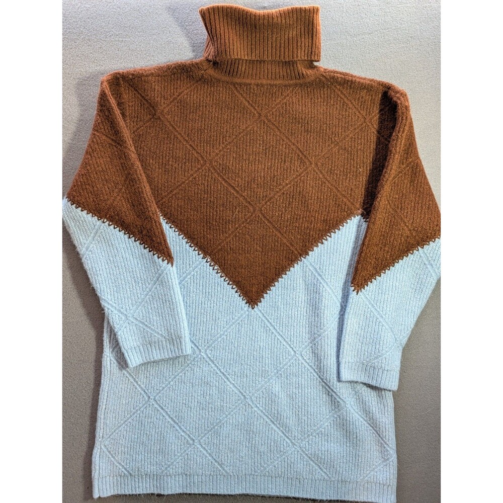 Hyacinth House Women’s XL Colorblock Turtleneck Sweater Brown Blue Wool Blend